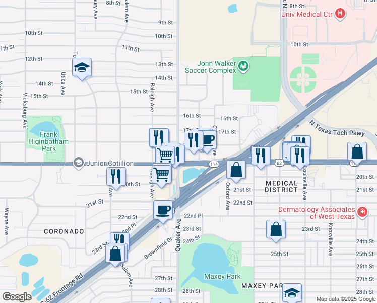 map of restaurants, bars, coffee shops, grocery stores, and more near 4320 19th Street in Lubbock