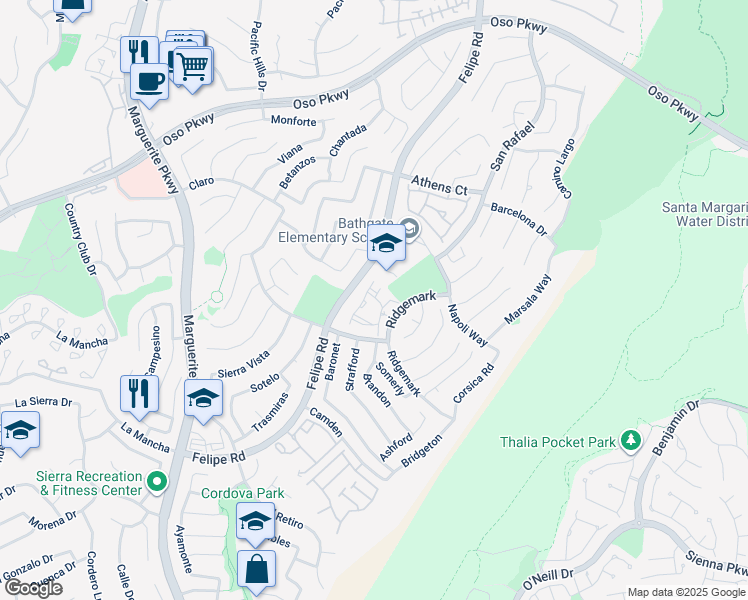 map of restaurants, bars, coffee shops, grocery stores, and more near 26414 Vicente Lugo in Mission Viejo