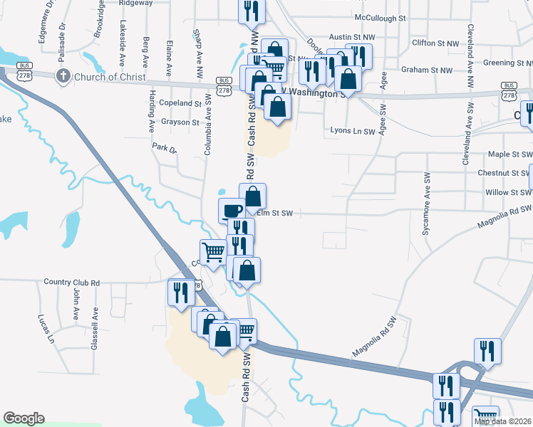 map of restaurants, bars, coffee shops, grocery stores, and more near 1146 Elm Street Southwest in Camden