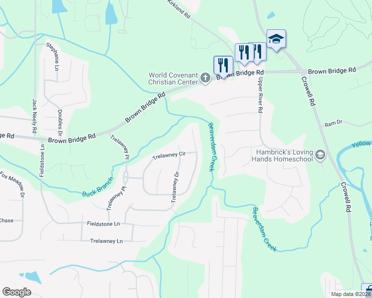 map of restaurants, bars, coffee shops, grocery stores, and more near 30 Trelawney Circle in Covington