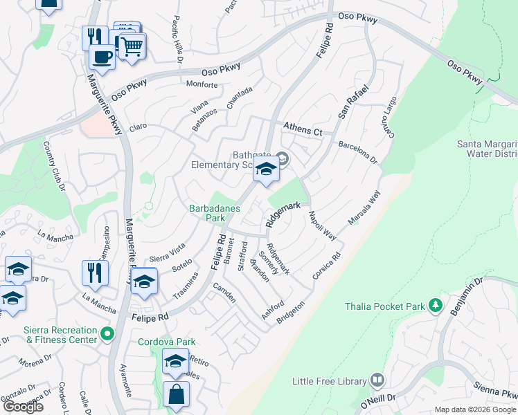 map of restaurants, bars, coffee shops, grocery stores, and more near 26421 Verdugo in Mission Viejo