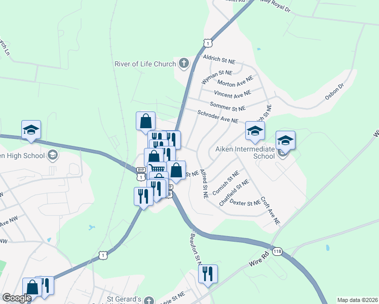 map of restaurants, bars, coffee shops, grocery stores, and more near 1206 George Street Northeast in Aiken