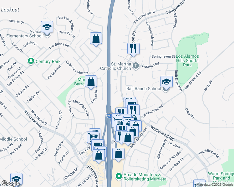 map of restaurants, bars, coffee shops, grocery stores, and more near 24803 Sweetgrass Court in Murrieta