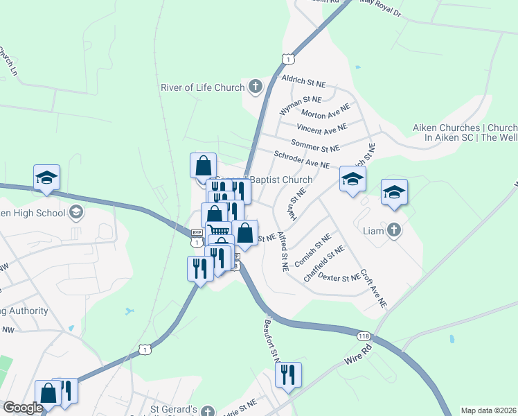 map of restaurants, bars, coffee shops, grocery stores, and more near 633 Yates Street Northeast in Aiken