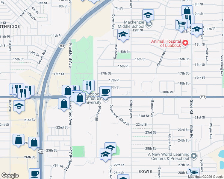map of restaurants, bars, coffee shops, grocery stores, and more near 5527 18th Street in Lubbock