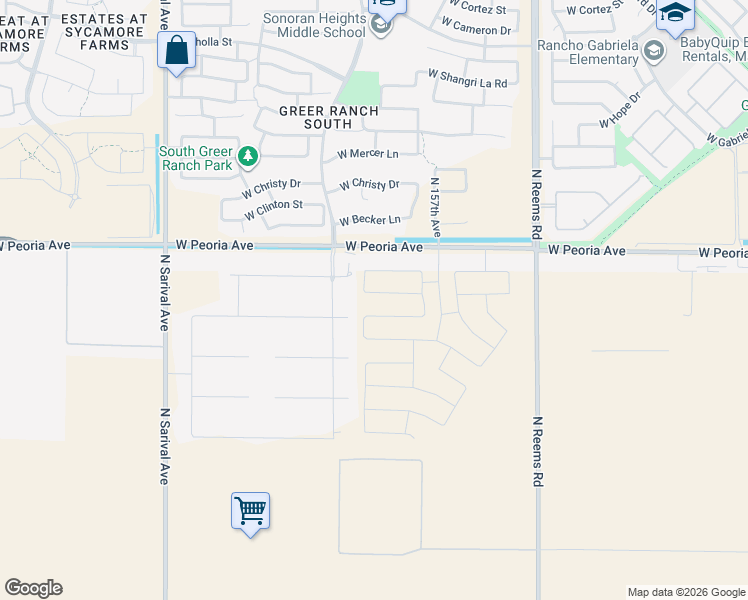 map of restaurants, bars, coffee shops, grocery stores, and more near 15833 West Deanne Court in Waddell