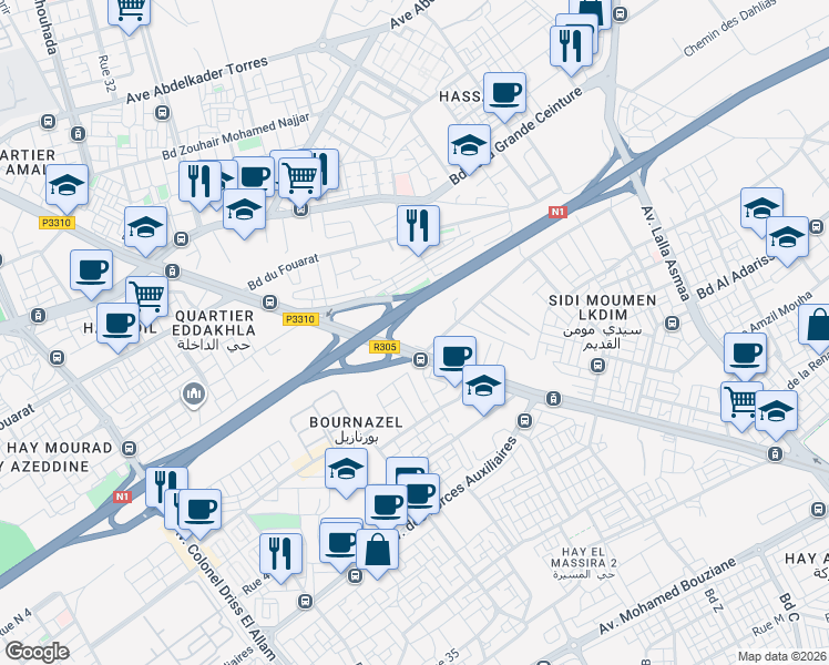 map of restaurants, bars, coffee shops, grocery stores, and more near in Dar-el-Beida