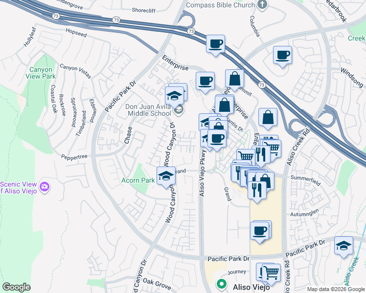 map of restaurants, bars, coffee shops, grocery stores, and more near 5 Harvest Point Lane in Aliso Viejo