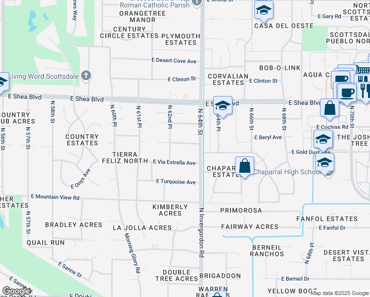 map of restaurants, bars, coffee shops, grocery stores, and more near 6323 East Gold Dust Avenue in Paradise Valley