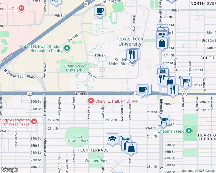 map of restaurants, bars, coffee shops, grocery stores, and more near 3001 18th Street in Lubbock
