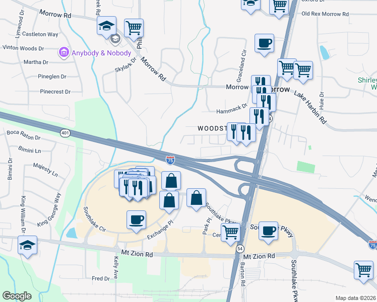 map of restaurants, bars, coffee shops, grocery stores, and more near 1348 Southlake Plaza Drive in Morrow