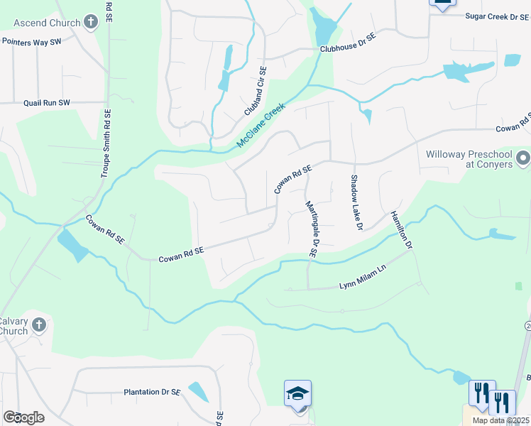 map of restaurants, bars, coffee shops, grocery stores, and more near 479 Sweet Water Trail Southeast in Conyers