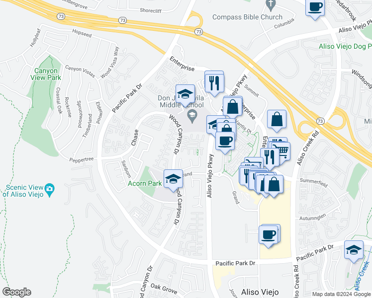 map of restaurants, bars, coffee shops, grocery stores, and more near 7 Warmspring Lane in Aliso Viejo