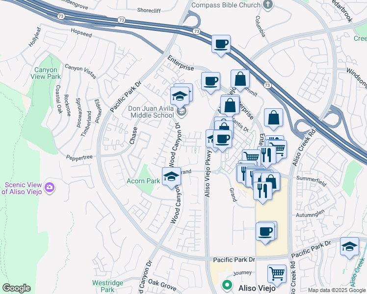 map of restaurants, bars, coffee shops, grocery stores, and more near 15 Harvest Point Lane in Aliso Viejo