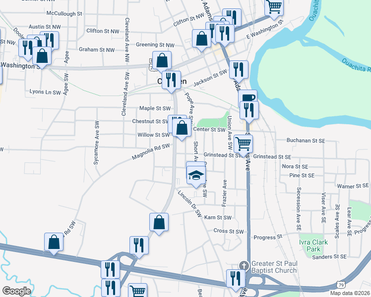 map of restaurants, bars, coffee shops, grocery stores, and more near Ouachita Avenue Southwest in Camden