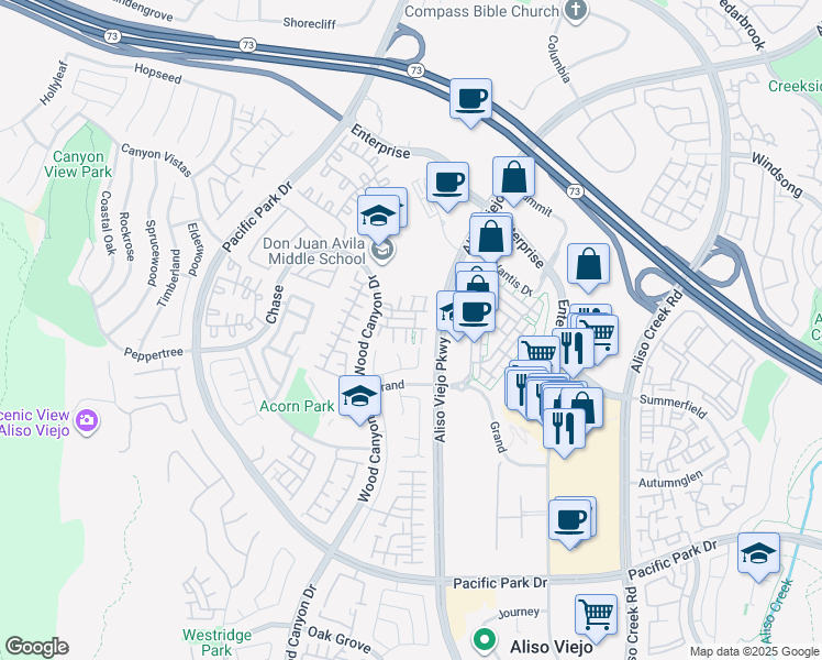map of restaurants, bars, coffee shops, grocery stores, and more near 35 Tulare Drive in Aliso Viejo