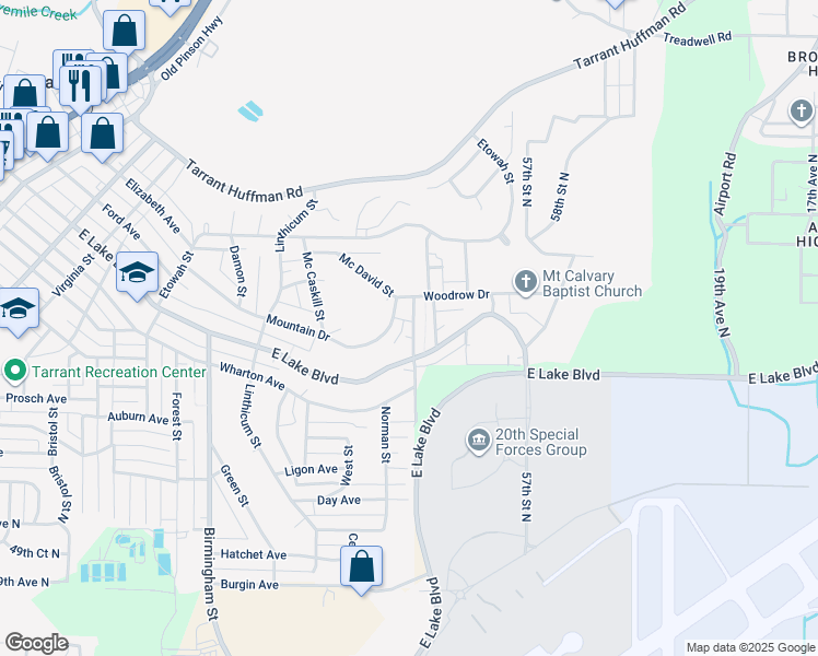 map of restaurants, bars, coffee shops, grocery stores, and more near 1622 Brewton Street in Birmingham