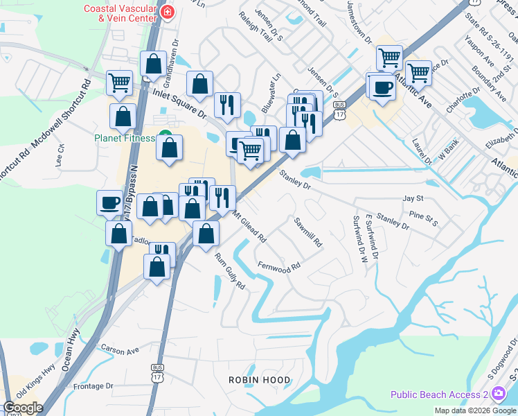 map of restaurants, bars, coffee shops, grocery stores, and more near 590 Trizzie Trail in Murrells Inlet