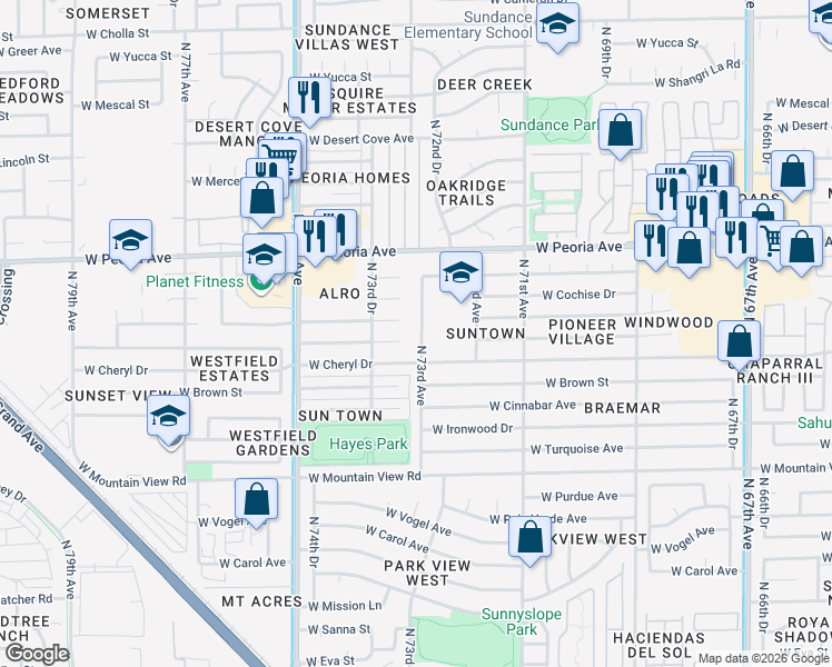 map of restaurants, bars, coffee shops, grocery stores, and more near 7230 West Cheryl Drive in Peoria