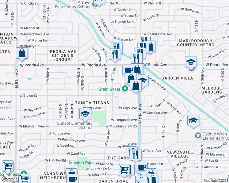 map of restaurants, bars, coffee shops, grocery stores, and more near 23 North 44th Drive in Glendale
