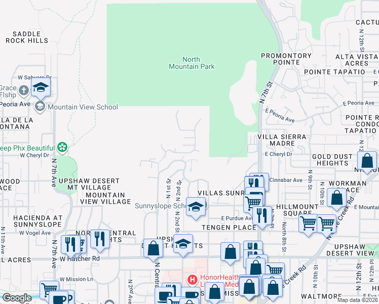 map of restaurants, bars, coffee shops, grocery stores, and more near 10248 North Central Avenue in Phoenix