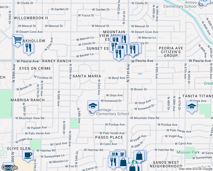 map of restaurants, bars, coffee shops, grocery stores, and more near 5221 West Cheryl Drive in Glendale
