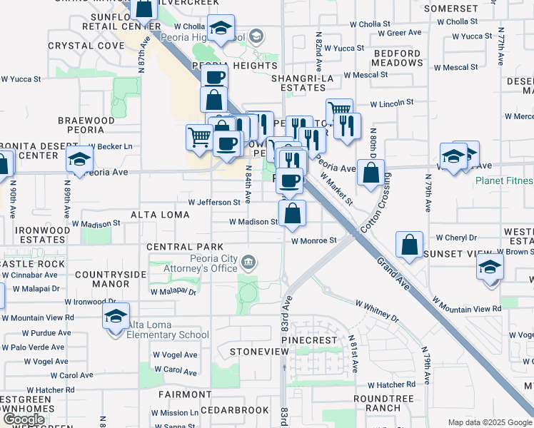 map of restaurants, bars, coffee shops, grocery stores, and more near 8335 North 83rd Drive in Peoria