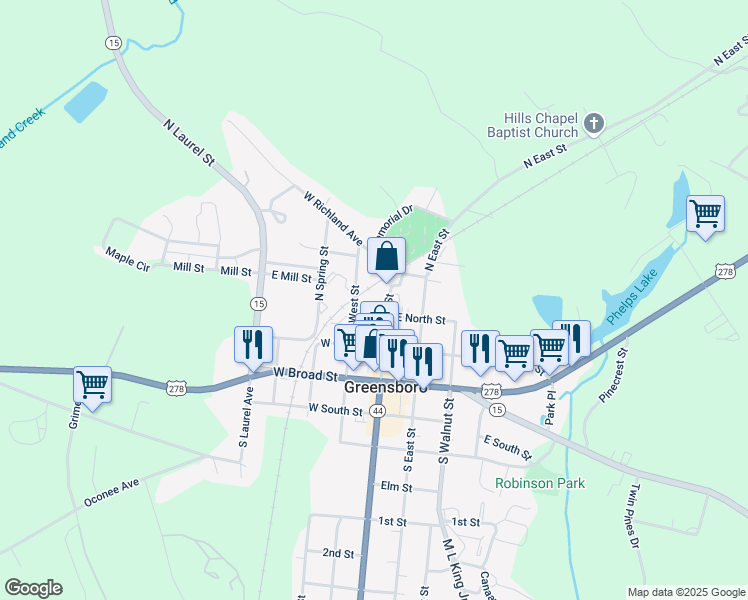 map of restaurants, bars, coffee shops, grocery stores, and more near 101 West North Street in Greensboro