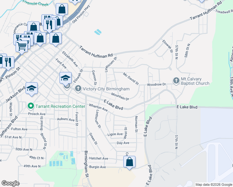 map of restaurants, bars, coffee shops, grocery stores, and more near 1732 Mountain Drive in Birmingham