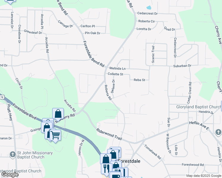map of restaurants, bars, coffee shops, grocery stores, and more near 2036 Delene Drive in Birmingham