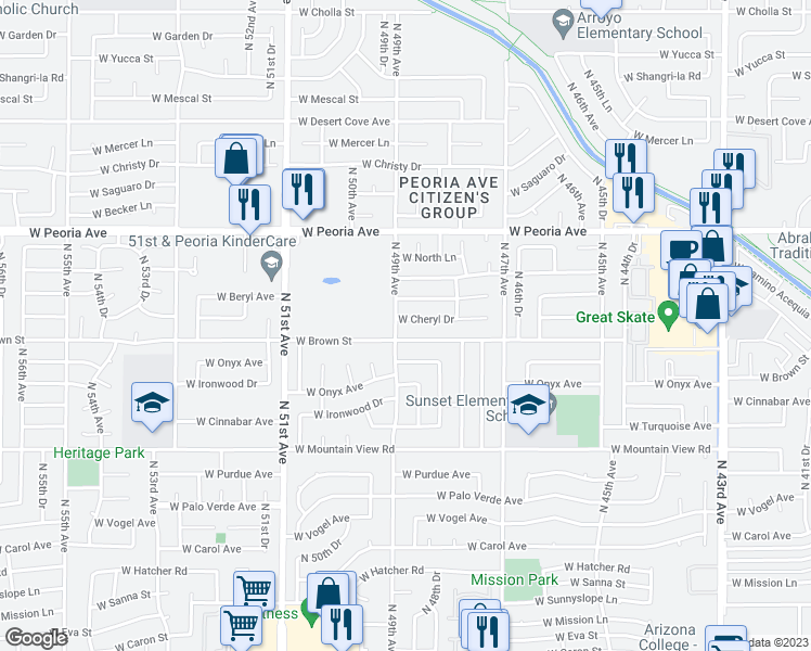 map of restaurants, bars, coffee shops, grocery stores, and more near 4853 West Cheryl Drive in Glendale