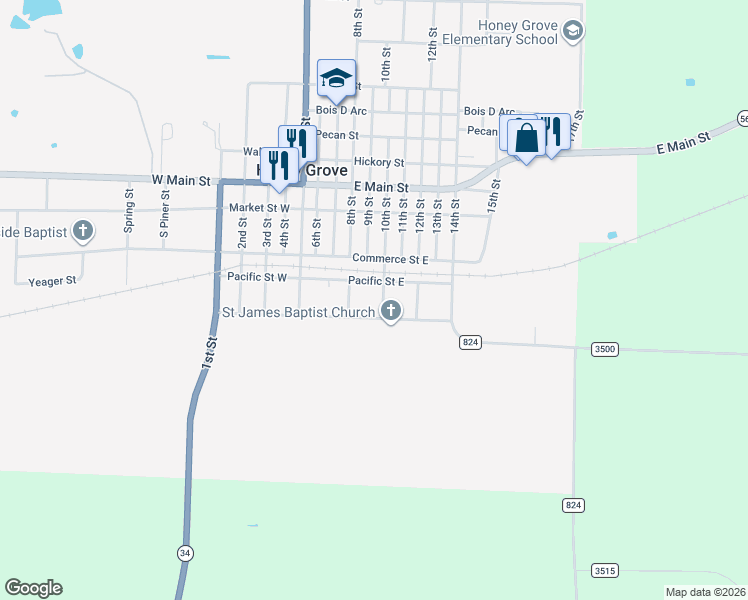 map of restaurants, bars, coffee shops, grocery stores, and more near 101 10th Street in Honey Grove