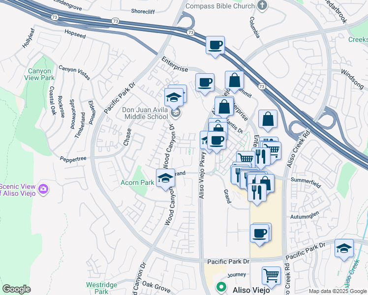 map of restaurants, bars, coffee shops, grocery stores, and more near 21 Tulare Drive in Aliso Viejo
