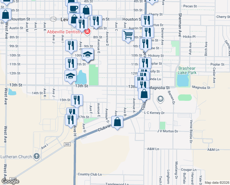 map of restaurants, bars, coffee shops, grocery stores, and more near 405 14th Street in Levelland