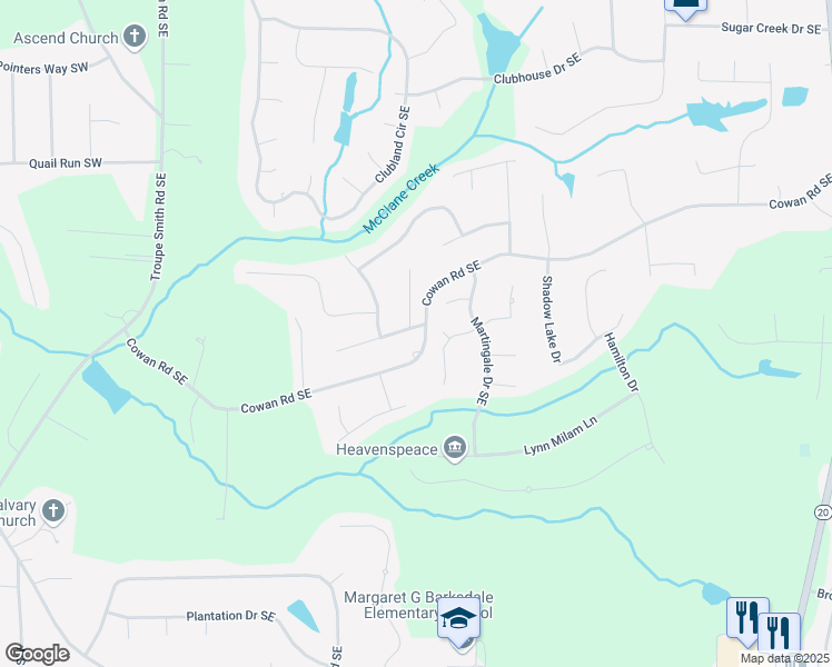 map of restaurants, bars, coffee shops, grocery stores, and more near 491 Sweet Water Trail Southeast in Conyers