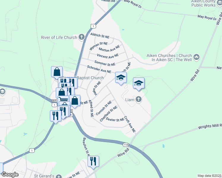 map of restaurants, bars, coffee shops, grocery stores, and more near 1142 Croft Avenue Northeast in Aiken