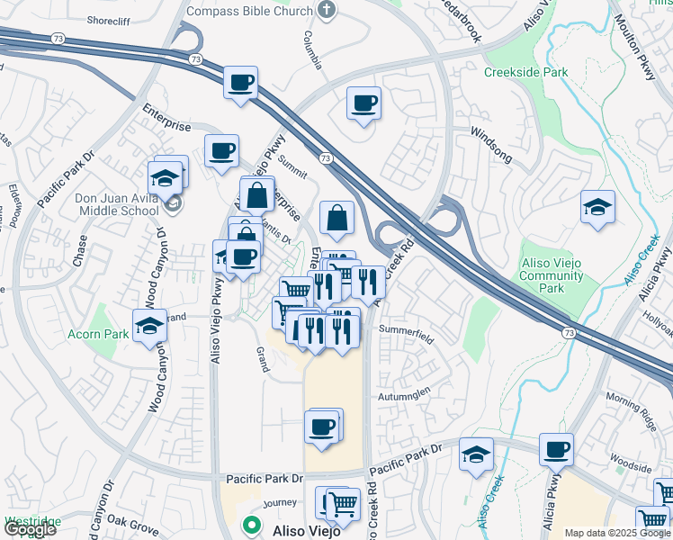 map of restaurants, bars, coffee shops, grocery stores, and more near 26501 Aliso Creek Road in Aliso Viejo