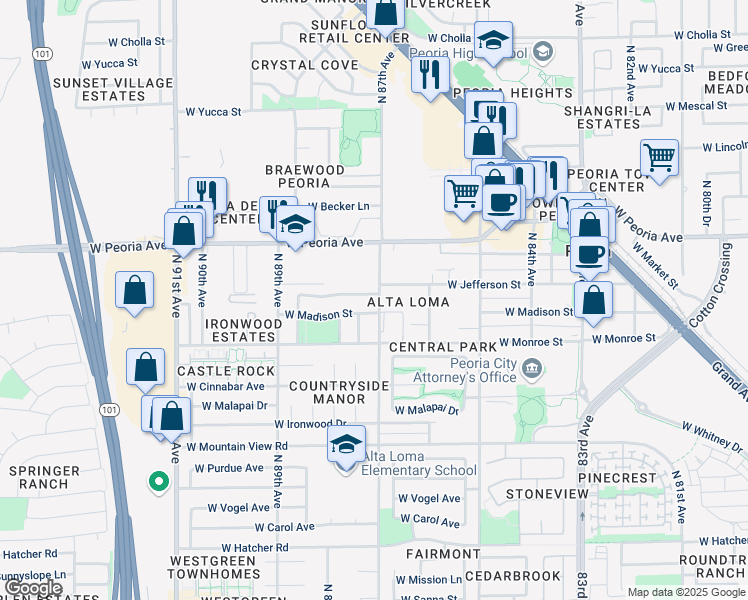 map of restaurants, bars, coffee shops, grocery stores, and more near 8703 West Jefferson Street in Peoria