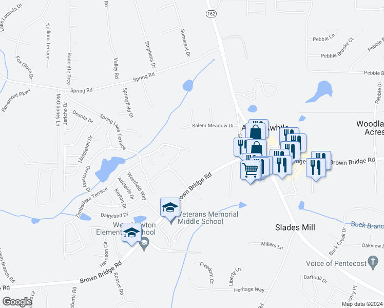 map of restaurants, bars, coffee shops, grocery stores, and more near 280 Lassiter Drive in Covington