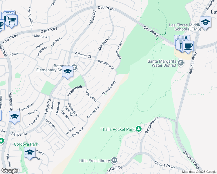 map of restaurants, bars, coffee shops, grocery stores, and more near 26431 Marsala Way in Mission Viejo