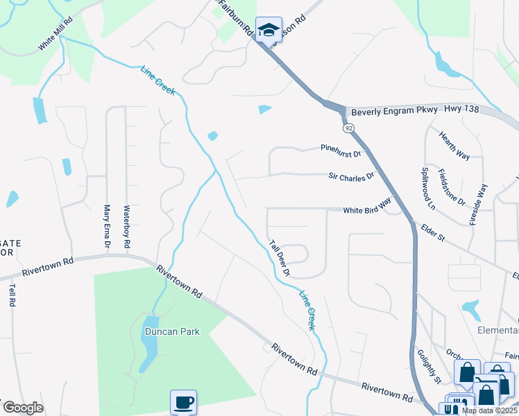 map of restaurants, bars, coffee shops, grocery stores, and more near 845 Tall Deer Drive in Fairburn