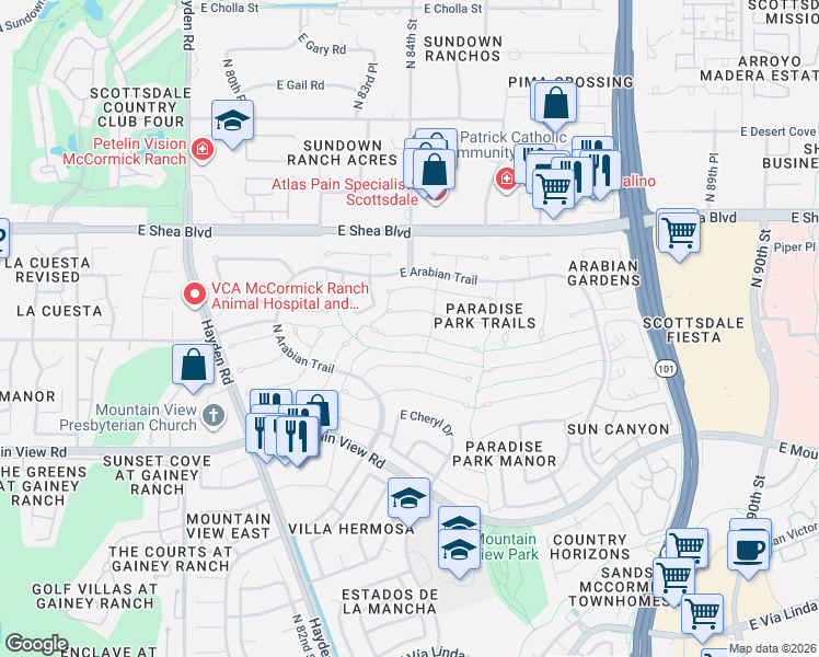 map of restaurants, bars, coffee shops, grocery stores, and more near 8402 East Mustang Trail in Scottsdale