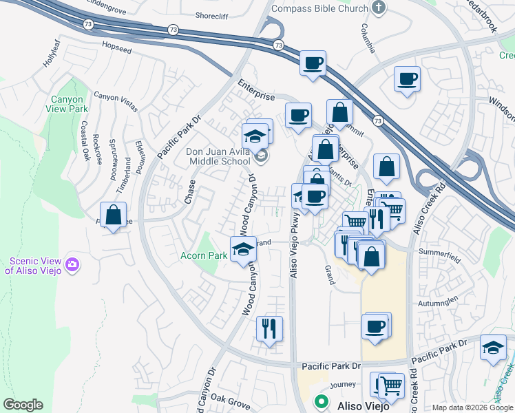 map of restaurants, bars, coffee shops, grocery stores, and more near 1 Warmspring Lane in Aliso Viejo