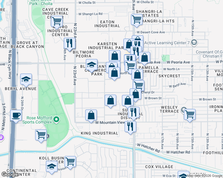 map of restaurants, bars, coffee shops, grocery stores, and more near 2010 W Cheryl Dr in Phoenix