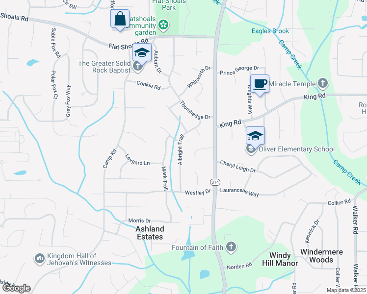 map of restaurants, bars, coffee shops, grocery stores, and more near 6468 Albright Trail in Riverdale
