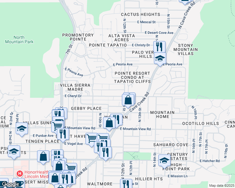 map of restaurants, bars, coffee shops, grocery stores, and more near 1148 East Cheryl Drive in Phoenix
