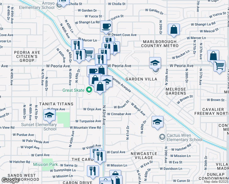 map of restaurants, bars, coffee shops, grocery stores, and more near 10215 North 43rd Avenue in Phoenix