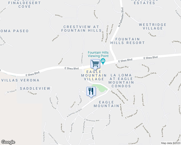 map of restaurants, bars, coffee shops, grocery stores, and more near 14835 East Shea Boulevard in Fountain Hills