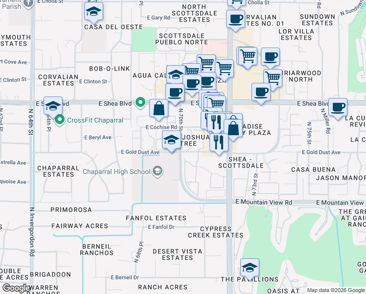 map of restaurants, bars, coffee shops, grocery stores, and more near 10301 North 70th Street in Paradise Valley