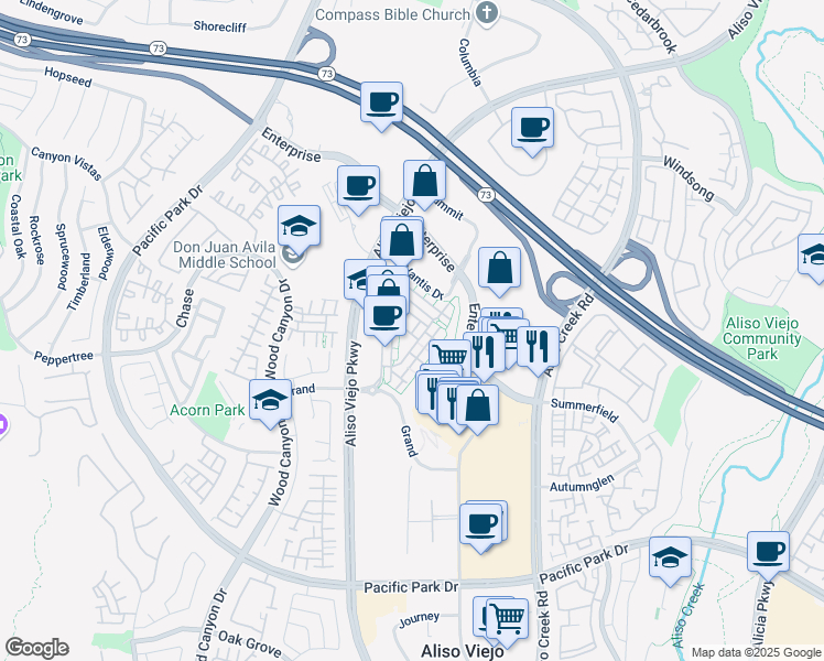 map of restaurants, bars, coffee shops, grocery stores, and more near 4 Colonial Way in Aliso Viejo